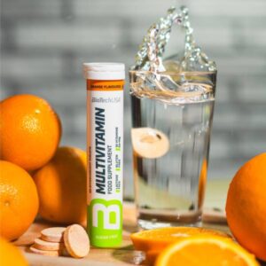 Compressa effervescente per integrare gli alimenti senza zucchero con contenuto vitaminico e sostanze minerali.