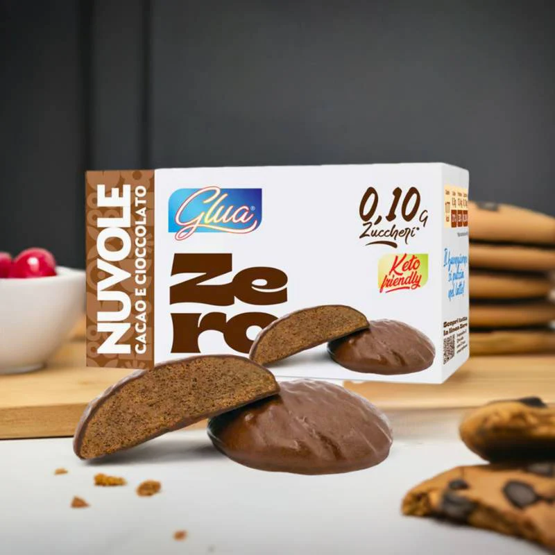 Biscotti proteici Nuvole ricoperti di cioccolato gusto cacao 3 porzioni da 40g Glua