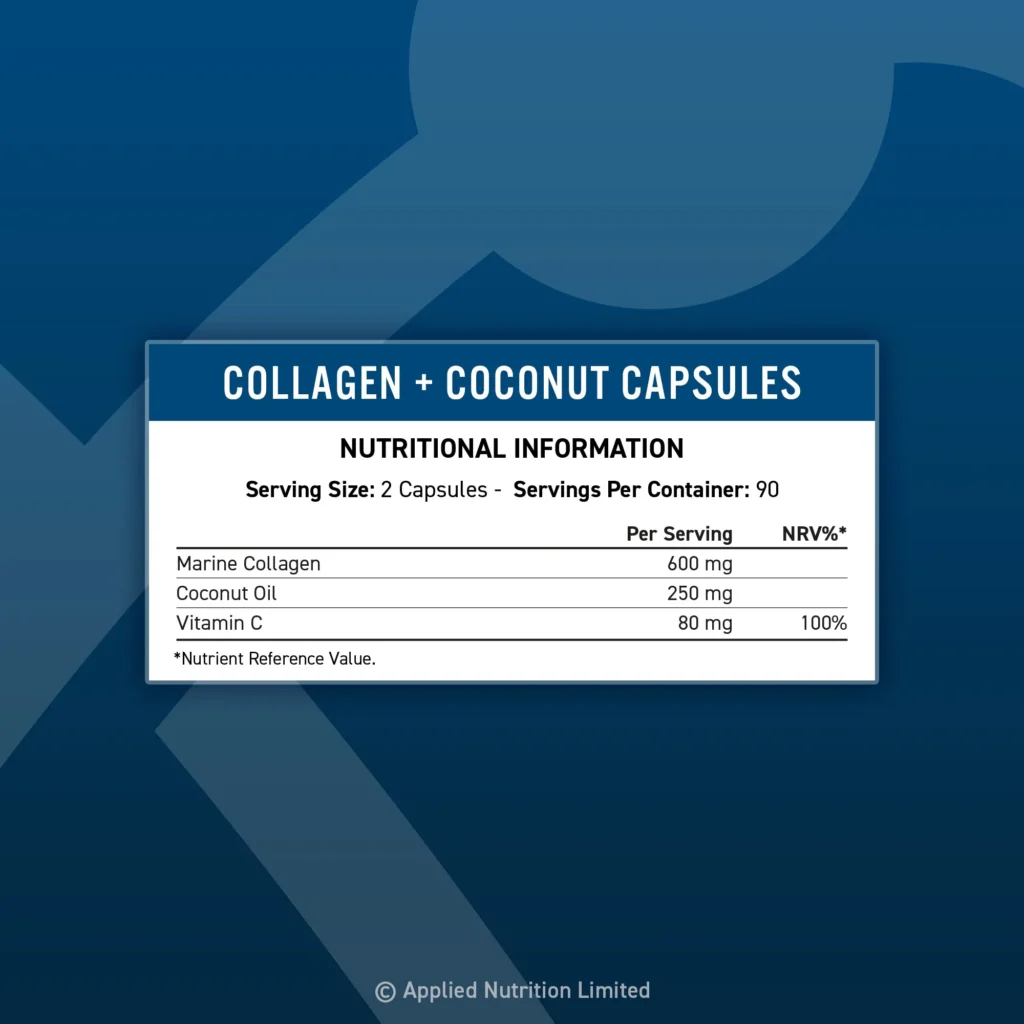 Collagene marino idrolizzato (da pesce), polvere di olio di cocco (Cocos nucifera), capsula [idrossipropilmetilcellulosa, colorante (blu brillante)], vitamina C (come acido ascorbico), agenti antiagglomeranti (biossido di silicio, stearato di magnesio).ALLERGENI: contiene pesce . Prodotto in uno stabilimento che lavora anche latte, soia, uova, sedano, pesce, cereali contenenti glutine e prodotti derivati.Ogni ingrediente di questo prodotto è accuratamente selezionato e monitorato attraverso il nostro sistema di gestione della qualità per offrirti il ​​massimo livello di garanzia. I prodotti finali vengono realizzati e confezionati in un laboratorio accreditato ISO 22000, BRC, GMP e Hala