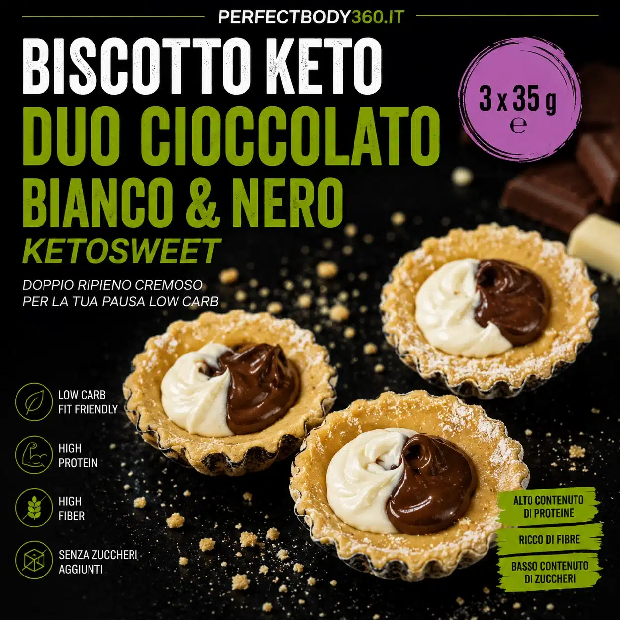 Biscotto DUO Cioccolata nera e bianca Ketosweet 3x35gr e