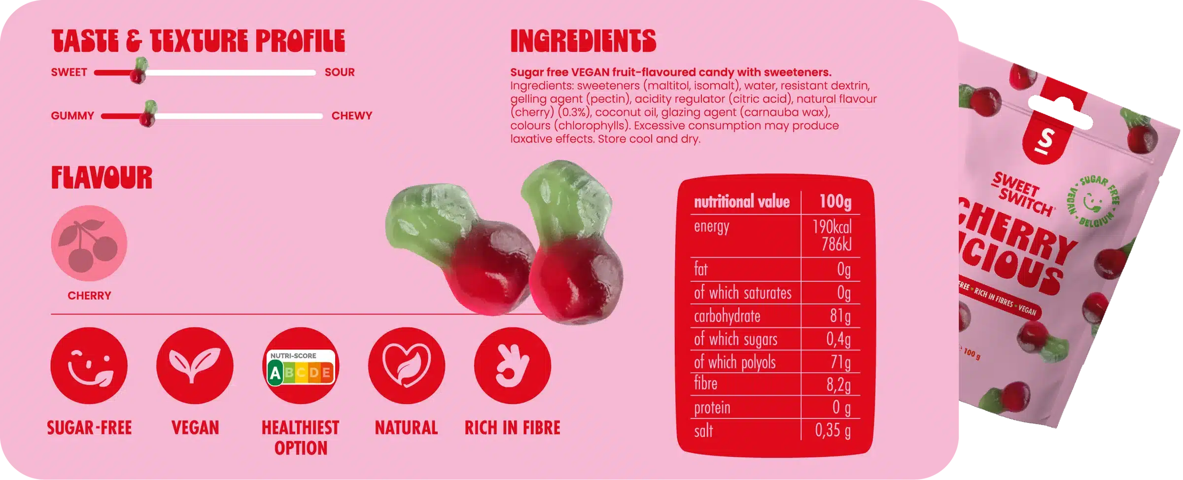 Caramelle senza zucchero Cherry Licious Sweet-Switch 100 g