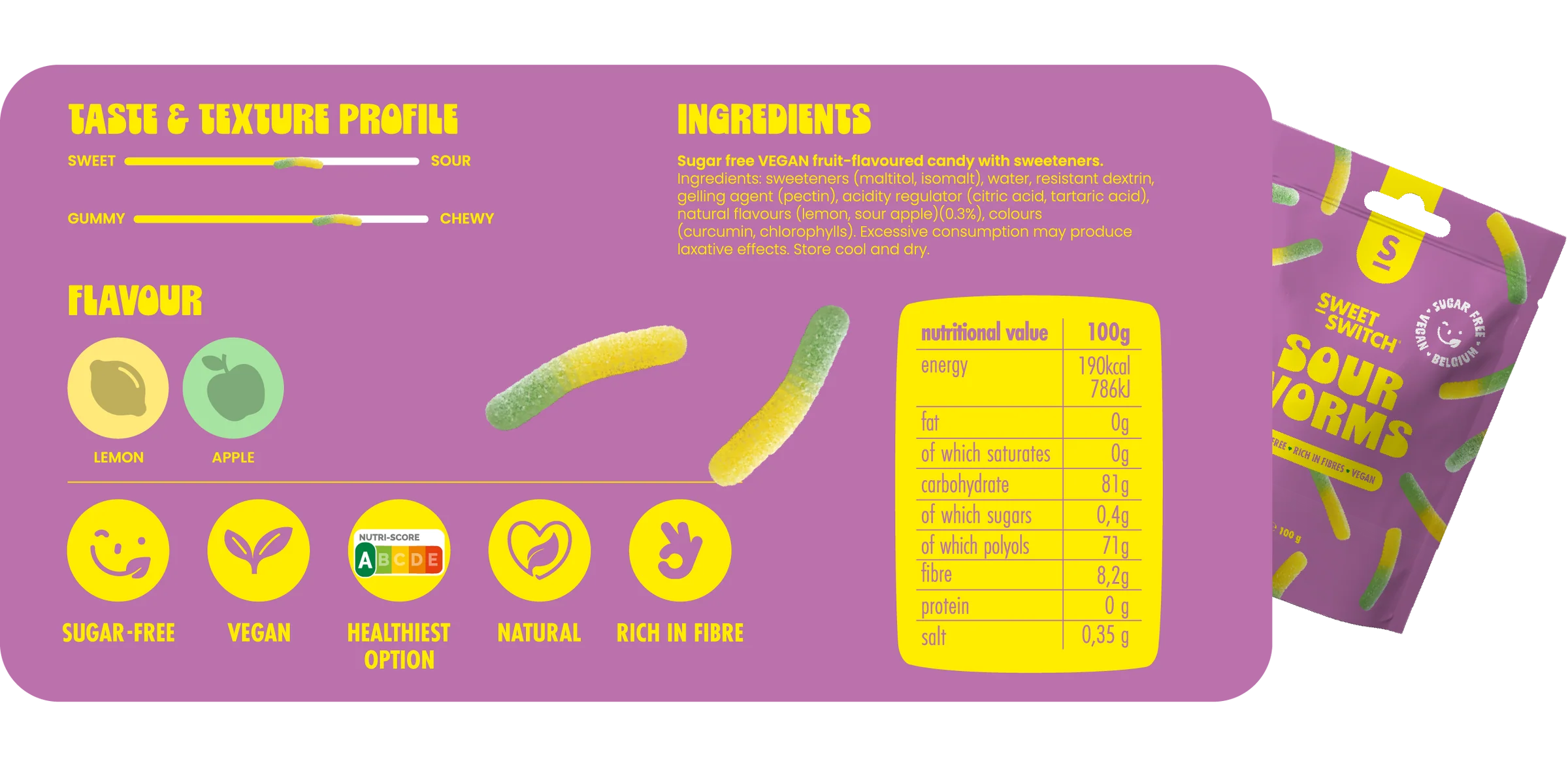 Caramelle senza zucchero Sour Worms Sweet-Switch 100 g